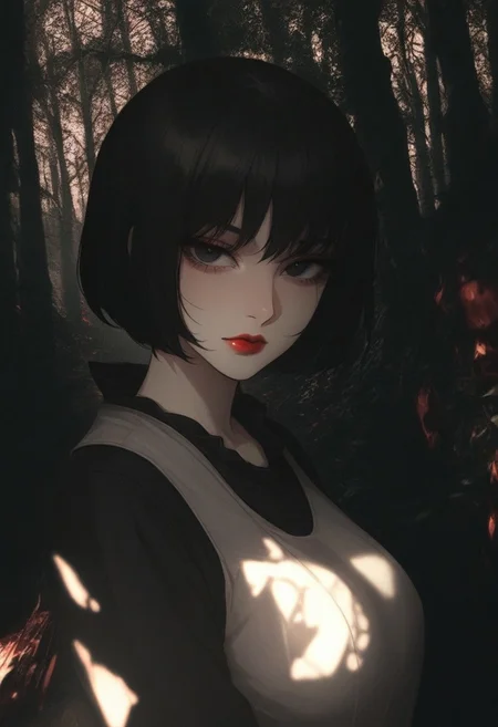 masterpiece,best quality,amazing quality, PHTBG, photo background, 1girl, solo, black hair, looking at viewer, short hair, bangs, closed mouth, dress, black eyes, dutch angle, red lips, fair skin, big breasts, dark forest, dappled moonlight, upper body, blood, lowered head