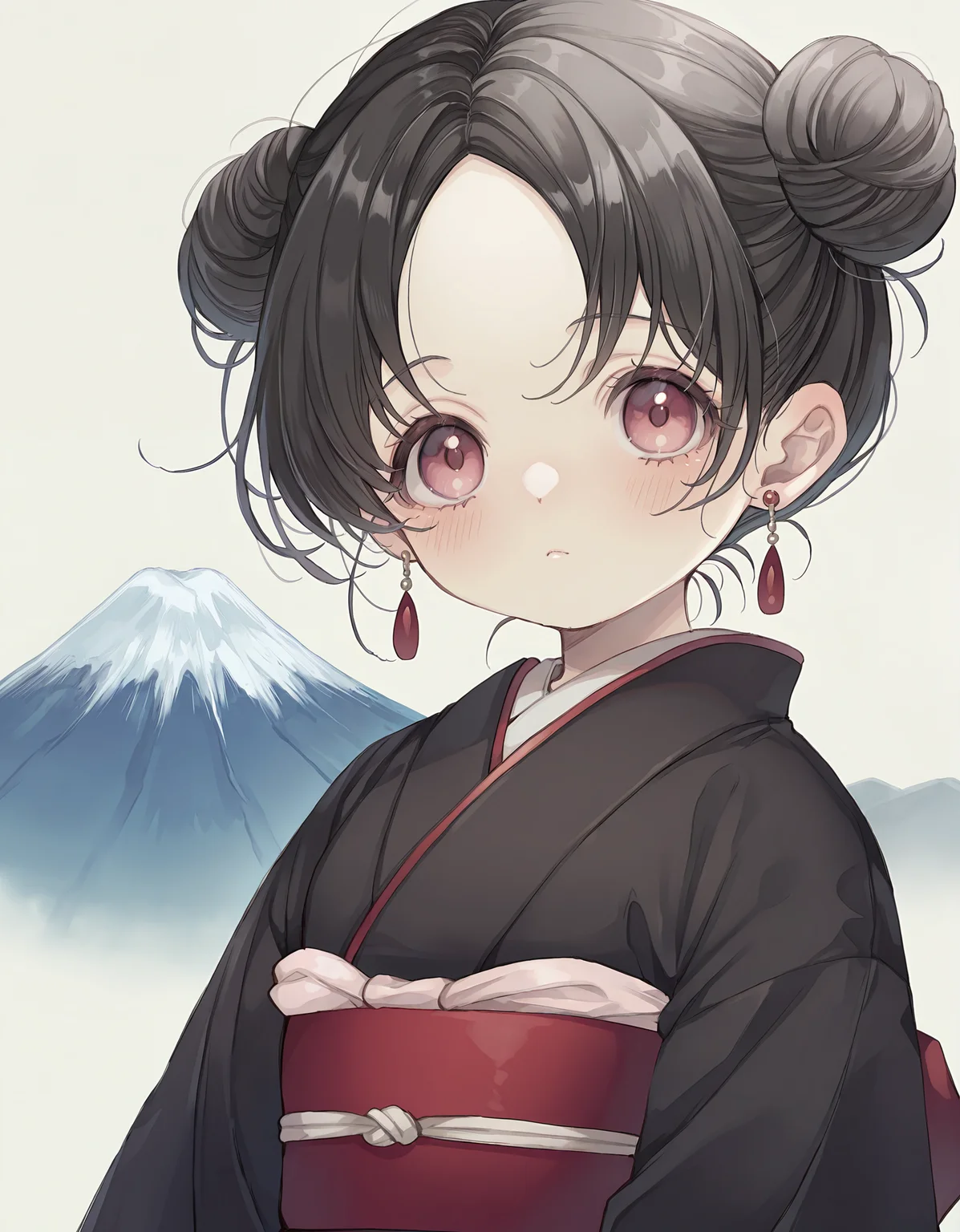 masterpiece, best quality, newest, highres, absurdres, <lora:rusetsuksr_style:1>,rusetsuksr_illu,1girl, solo, japanese clothes, kimono, upper body, black hair, hair bun, black kimono, double bun, sash, bangs, obi, short hair, looking at viewer, blush, parted bangs, closed mouth, earrings,mount fuji,