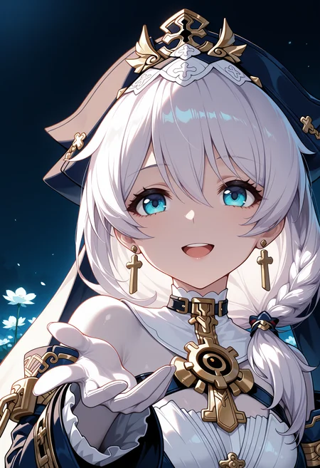 <lora:theresa apocalypse-zj_v1-000050:1>,
scenery,backlighting,night,vignetting,chiaroscuro,close-up,dark background,shadow,
luminous background,neo-romanticism,close up,
theresa apocalypse-zj,1girl,solo,white hair,dress,blue eyes,earrings,nun,long sleeves,bodystocking,long hair,hat,hair between eyes,side ponytail,gloves,braid,jewelry,white bodystocking,backlight,outdoors,flower sea,sunny,smile,upper teeth only,reaching_out,upper_body