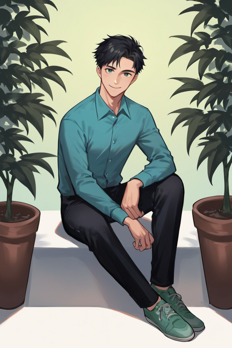 score_9, score_8_up, score_7_up, score_6_up, score_5_up, score_4_up, rating_safe, solo, 1boy, plant, shirt, male focus, shoes, black hair, pants, black pants, sitting, green footwear, collared shirt, potted plant, aqua shirt, blue shirt, shadow, long sleeves, looking at viewer, smile, short hair, green background, full body, green theme <lora:Smooth Style LoRA XL:0.7>