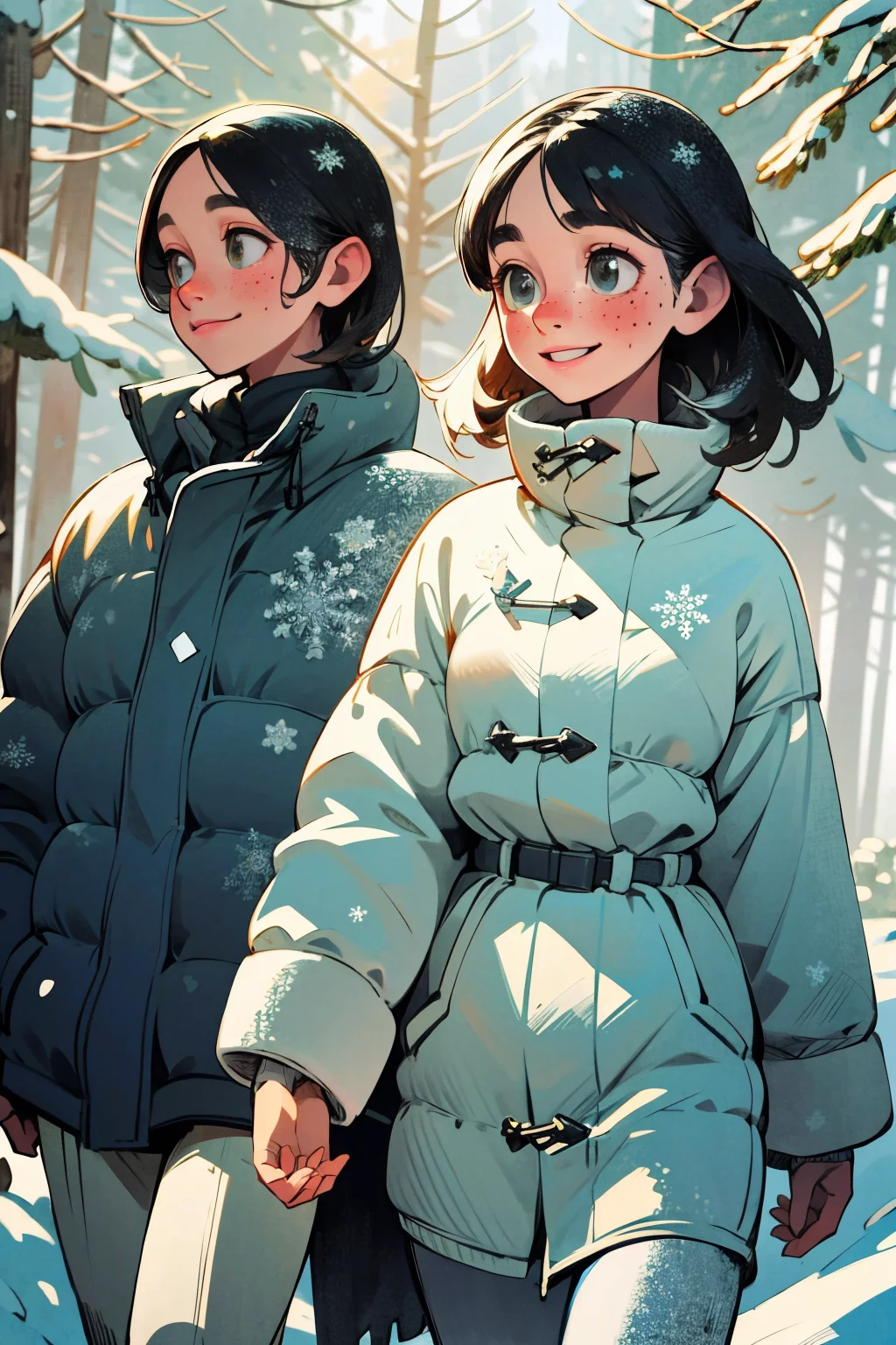 friends on a walk through a snowy forest. winter sun, snowflakes. smiling happy faces. kkw-skin-det-all_checkpoint_skin_detail_-_skin_detail_v1.0 , overalldetail-detail_++_-_overall_detail . detailed faces, (realistic:1.2), (masterpiece:1.2)