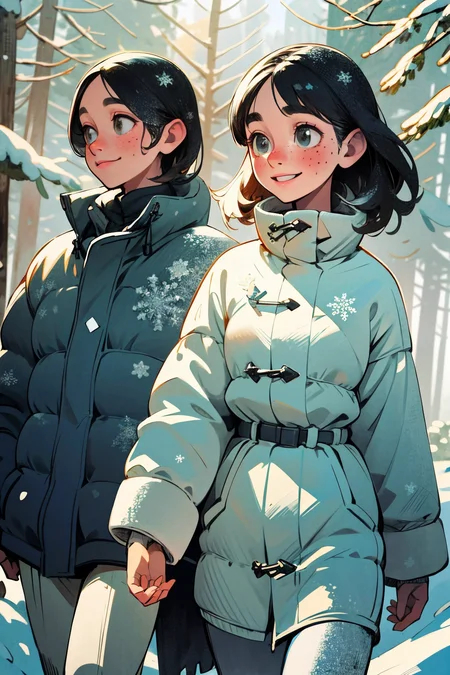friends on a walk through a snowy forest. winter sun, snowflakes. smiling happy faces. kkw-skin-det-all_checkpoint_skin_detail_-_skin_detail_v1.0 , overalldetail-detail_++_-_overall_detail . detailed faces, (realistic:1.2), (masterpiece:1.2)