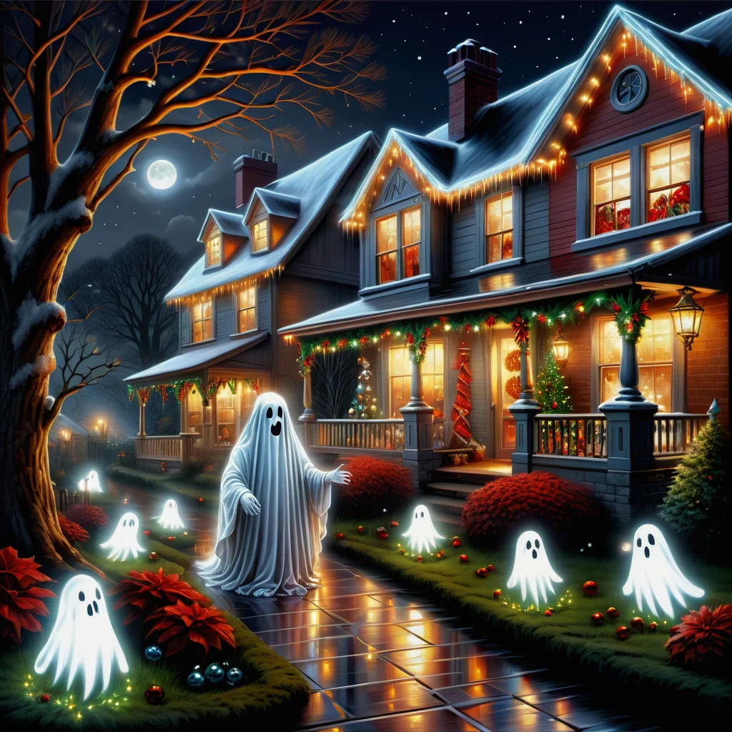 hyper detailed masterpiece, dynamic realistic digital art, awesome quality, folk art, ghost of christmas yet to come, , reflective and grateful,nostalgic and reminiscent,generous and giving, garden lights,
