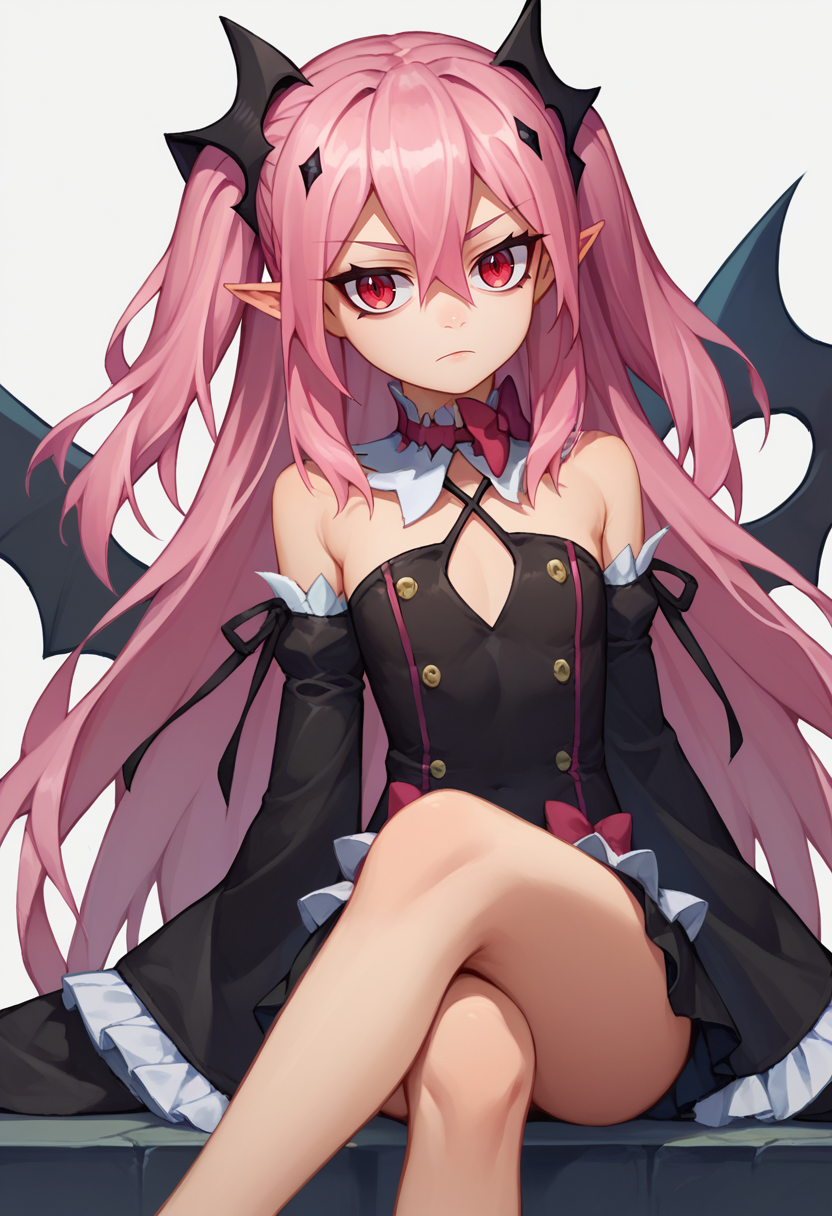 score_9, score_8_up, score_7_up, 1girl, solo, Krul, two side up, pink hair, red eyes, pointy ears, hair ornament, detached sleeves, bowtie,  detached collar, black dress, black skirt, sitting, crossed legs, looking at viewer,     <lora:Krul_1-000008:1>