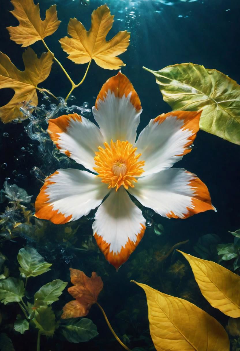 a white and orange flower floating underwater, with leaves and plants around it and a yellow leaf, photorealistic painting, award-winning photography, David Lachapelle, environmental art