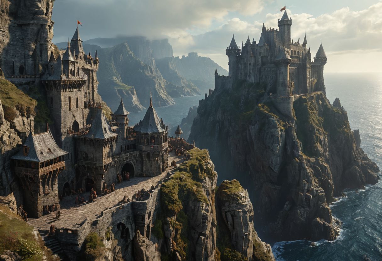 extremely detailed, hero shot, high detail, hires textures, incredibly detailed, intricate details, intricate diorama, masterpiece, outstanding intricacies, photorealism, true masterpiece, cliff background, pleasant, Stately, ( dnd fantasy, a group of humans and elves and dwarves in the foreground in a fantasy world, castle fortress on distant cliffside), with fantasy antiquity-ships in the far-distant background near horizon