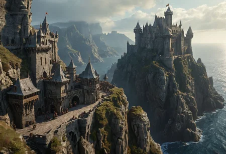 extremely detailed, hero shot, high detail, hires textures, incredibly detailed, intricate details, intricate diorama, masterpiece, outstanding intricacies, photorealism, true masterpiece, cliff background, pleasant, Stately, ( dnd fantasy, a group of humans and elves and dwarves in the foreground in a fantasy world, castle fortress on distant cliffside), with fantasy antiquity-ships in the far-distant background near horizon