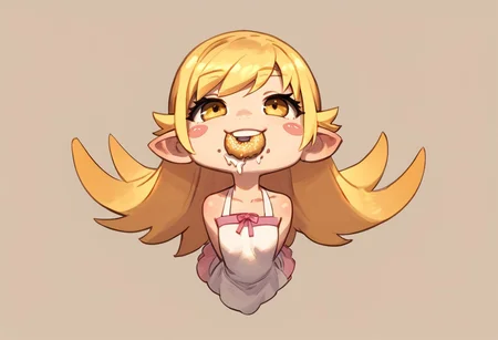 cute , Oshino_Shinobu , yellow_eyes, blonde_hair, long_hair, flat_chest, pointy_ears, blush_stickers, white_dress , Chibi , eating donut ,
zPDXL3 , score_9 , score_8 , score_7 , score_6_up , highly detailed , high quality , high res , masterpiece, quality highlights, 8k detail, ultra-detailed,
