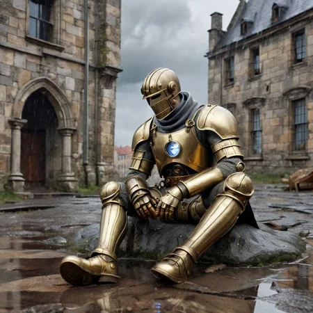 Masterpiece, DonMSt34mPXL, Realistic Lightning, Cinematic Lightning, Dark Lightning, Rain, Puddle, Clouded Sky, medieval, fantasy, pedestrians.
((((broken, sitting, brass Clockwork Soldier, with human like face) leaning against (abandoned gray stone building))) in a (medieval city)). Highly detailed clockwork soldier. (Unfocused medieval pedestrians in background). fandist background.