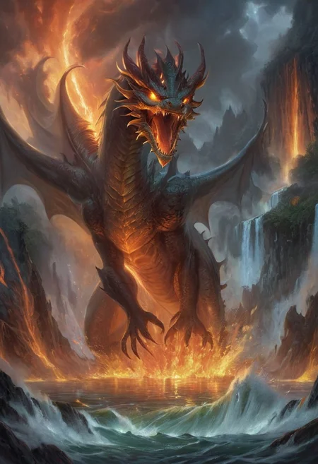 "Create a hyper-realistic photographic image illustrating a surreal and imaginary scene. Imagine a vast, serene lake surrounded by a lush, green forest. Emerging from the water, a furious dragon with shimmering, scale-covered skin erupts, its massive body rising powerfully. The dragon's eyes glow with a fierce intensity as it breathes a torrent of blazing fire, setting the surrounding forest ablaze with powerful, raging flames. The contrast between the tranquil water and the chaotic inferno creates a striking visual impact. The image should have vivid, dynamic colors, highlighting the blue of the water, the green of the forest, and the red-orange of the flames. The dragon should be highly detailed, with scales glistening in the light of the fire. The scene should be captured with a wide-angle lens to encompass the grandeur and intensity, and styled with a blend of fantasy and realism to emphasize the surreal, mythical nature of the moment."
Setting: A vast, serene lake surrounded by a lush, green forest.
Main Element: A furious dragon emerging from the water.