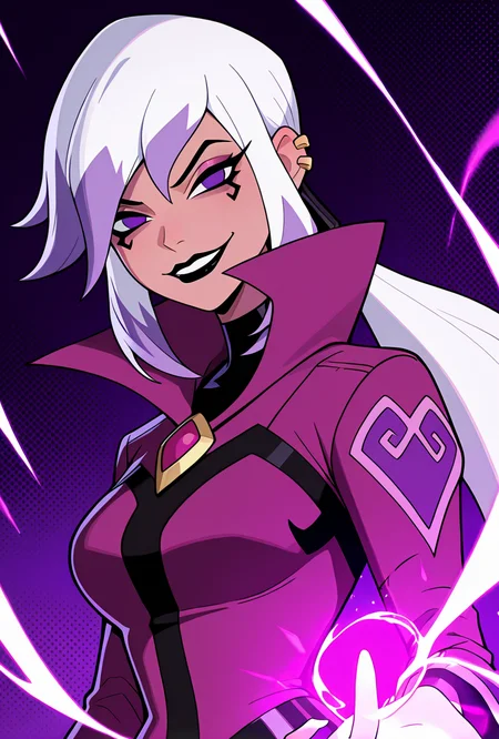 <lora:charmov:1> charmov, long hair, ponytail, , white hair,, 1girl, multicolored hair, purple eyes, ear piercing, two-tone hair, makeup, solo, long sleeves, black lips, purple jacket, long jacket, popped collar, facial expression, dynamic pose, magic, evil smile, evil grin, lookign at viewer, (( purple background, halftone effect, white borders, abstract background:1.2,)), masterpiece, best quality, amazing quality, very aesthetic, absurdres, newest,, upper body, halftone effect, white borders, abstract background:1.2,