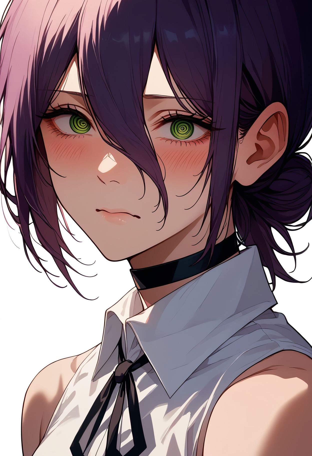 score_9,score_8_up,core_7_up,   <lora:reze_chainsaw_man_pdxl_v1_goofy:1>reze \(chainsaw man\), 1girl, bare shoulders, black choker, black ribbon, blush, choker, chromatic aberration, collared shirt, cropped torso, from side, green eyes, hair between eyes, hair bun, long bangs, looking at viewer, looking to the side, neck ribbon, purple hair, ribbon, shirt, sideways glance, simple background, sleeveless, sleeveless shirt, solo, wavy mouth, white background, white shirt