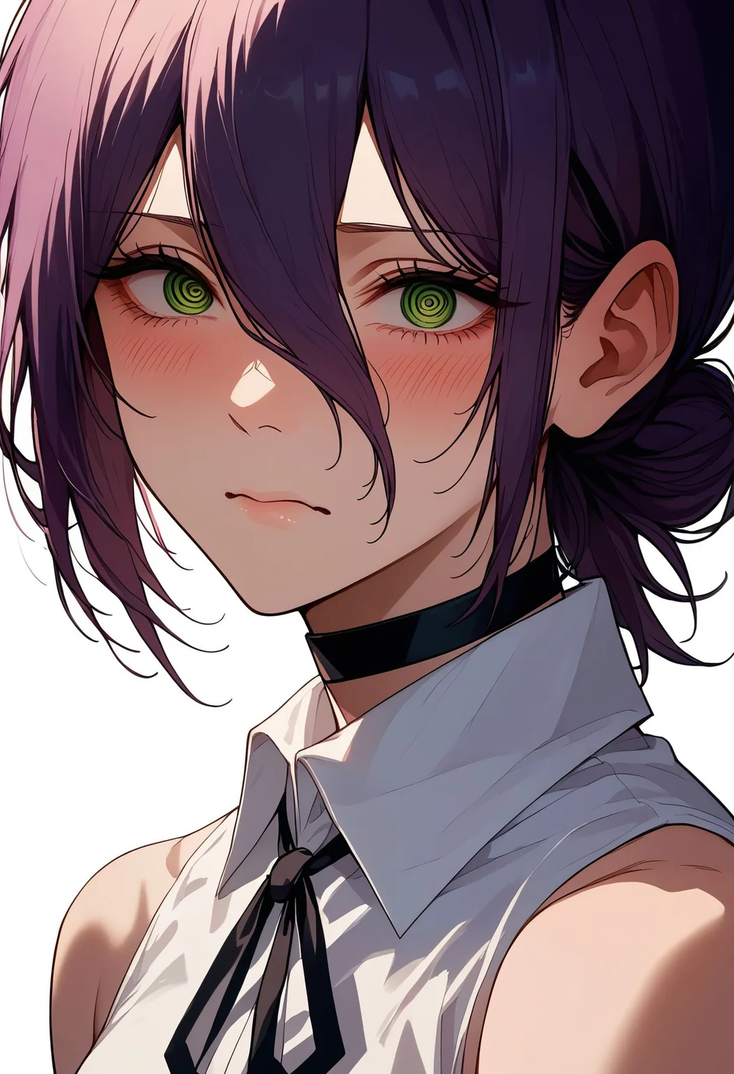 score_9,score_8_up,core_7_up, <lora:reze_chainsaw_man_pdxl_v1_goofy:1>reze \(chainsaw man\), 1girl, bare shoulders, black choker, black ribbon, blush, choker, chromatic aberration, collared shirt, cropped torso, from side, green eyes, hair between eyes, hair bun, long bangs, looking at viewer, looking to the side, neck ribbon, purple hair, ribbon, shirt, sideways glance, simple background, sleeveless, sleeveless shirt, solo, wavy mouth, white background, white shirt