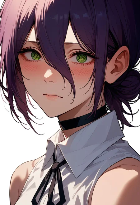 score_9,score_8_up,core_7_up,   <lora:reze_chainsaw_man_pdxl_v1_goofy:1>reze \(chainsaw man\), 1girl, bare shoulders, black choker, black ribbon, blush, choker, chromatic aberration, collared shirt, cropped torso, from side, green eyes, hair between eyes, hair bun, long bangs, looking at viewer, looking to the side, neck ribbon, purple hair, ribbon, shirt, sideways glance, simple background, sleeveless, sleeveless shirt, solo, wavy mouth, white background, white shirt