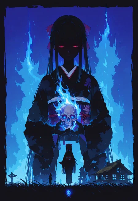 source_anime, high res image, masterpiece, perfect quality, best quality, absurdres, scenic, ultra detailed face, detailed eyes,
HDR,
1girl, ryuuga sayo, solo,
mole under eye, long hair, very long hair, blunt bangs, hime cut, hair intakes, half updo, long sidelocks, hair bow, japanese clothes, kimono, black kimono, obi, obiage, obijime,
(double exposure:1.2), (silhouette:1.2),
(holding a skull with blue fire:1.2), wide-opened eyes, close mouth, (grudge:1.5), (hatred:1.5),
classical Japanese village, countryside, field, house,
r17329_illu, xxx667_illu, glowing, glowing eyes, red eyes