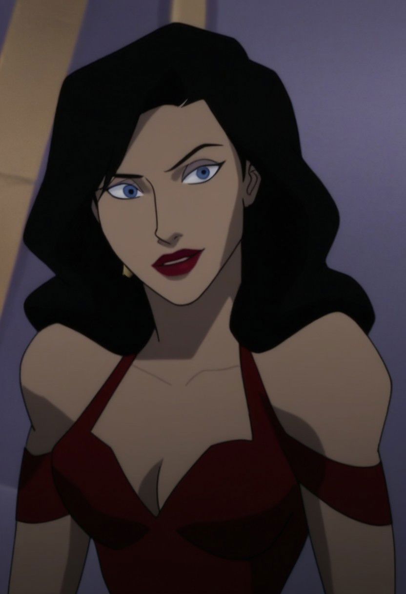LoisLane, dark hair, blue eyes, red lipstick, gold earings, posing seductively in a red dress, cleavage, top view, 8k, absurdres