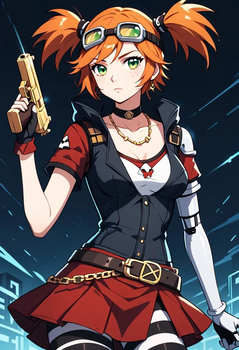 score_9, score_8_up, score_7_up, solo, gaigebl2, orange hair, goggles on head, twintails, short twintails, single mechanical arm, freckles, medium breasts, green eyes,
futuristic city background, neon lights, nighttime,
<lora:gaigebl2-guy-v1PONYXL:1>,
choker, gloves, belt, skirt, red skirt, striped pantyhose, black and white pantyhose, hood, necklace, torn clothes, gun, gun held up at the ready,