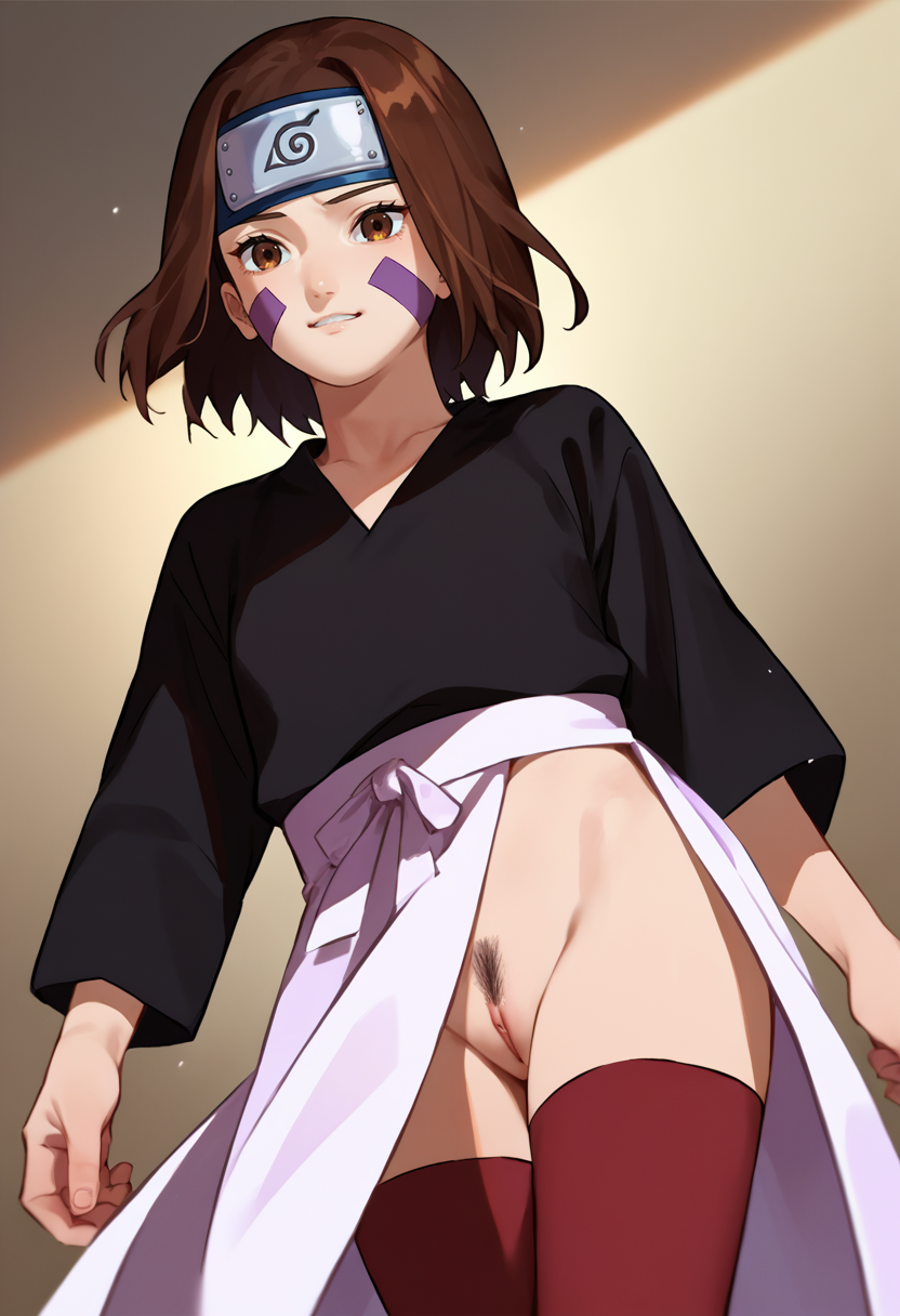 score_9, score_8_up, score_7_up, source_anime,  landing strip,  pubic hair,  1girl, pussy,     <lora:landingStripXL1-000008:1>      <lora:Nohara Rin 1 rep:1> nohara rin, short hair, brown hair, brown eyes, purple facial mark, black shirt, long sleeves, white apron,  forehead protector, red thighhighs