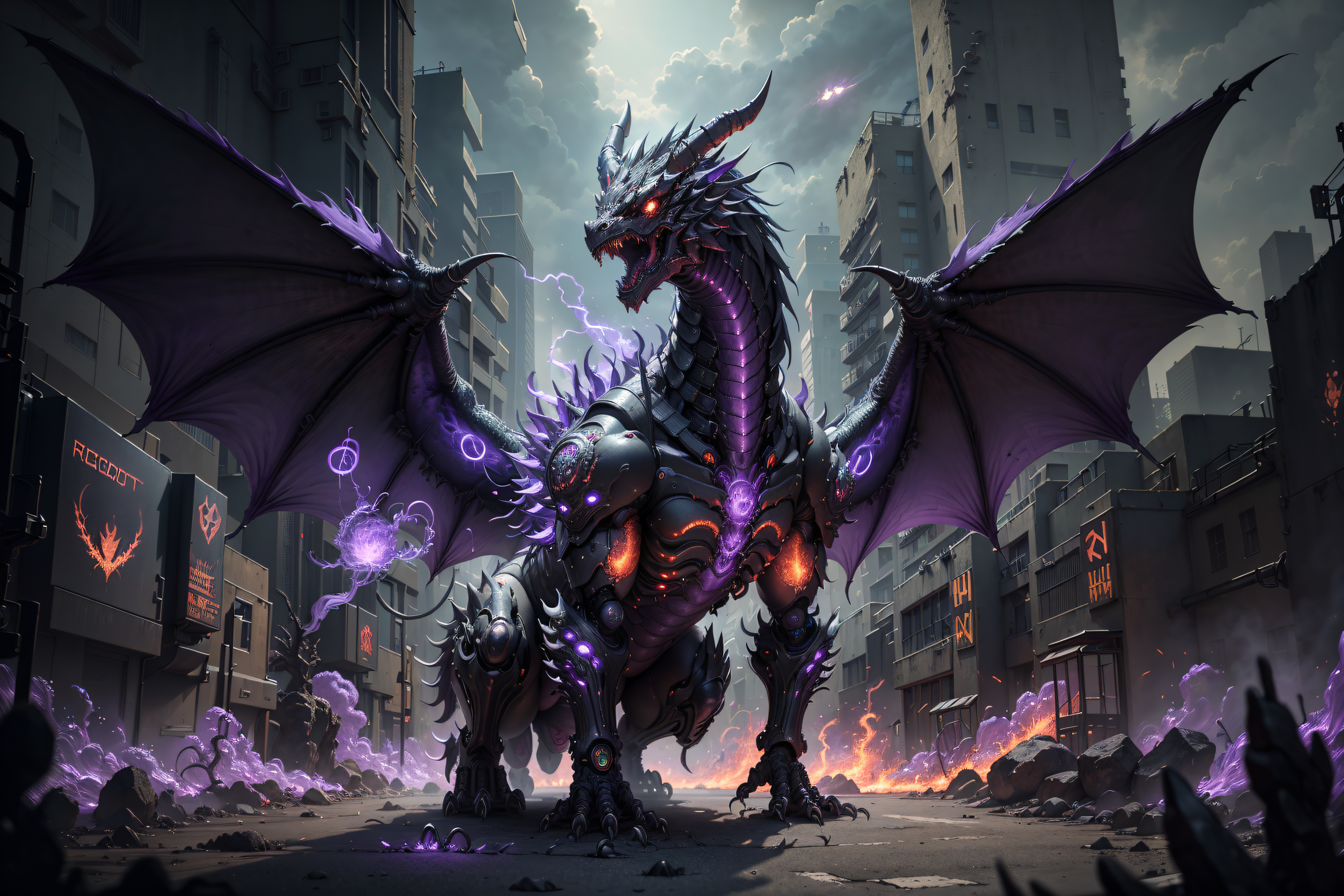 (robotic black and red dragon),(masterpiece, Extremely detailed, 8k, photorealistic,UHD,best quality, highres:1.3),robort,(photorealistic:1.2)(dept of field:1.2),dof, absurdres, (realistic:1.5),fine detail, HDR,  perfect illumination, distinct, , (open mouth),(cybernetic body),(fangs:1.2),(post-apocalyptic lanscape:1.2), wings, (claws),cyberpunk,electronic part,(breathing purple_fire:1.3),detailed eyes,
film grainy, insane details, intricate details, hyperdetailed, unreal engine, trend on artstation,highly detailed,science-fiction,futurist,
(mechanical),
<lora:Dragons v1:0.3>,<lora:FINAL  Robort:0.2>