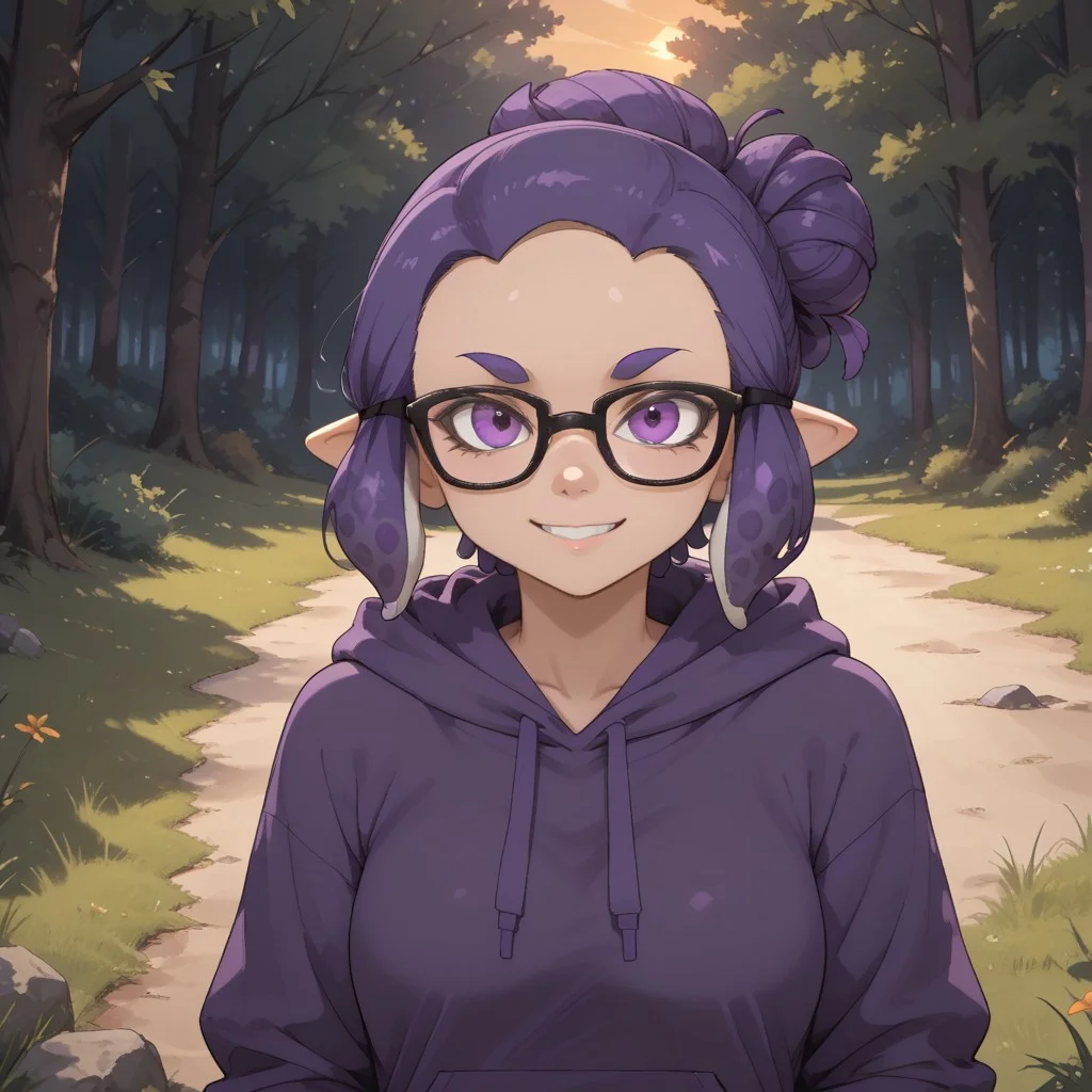 score_9, score_8, BREAK, solo, splatoon, inkling, female inkling, 1girl, tentacle hair, purple hair, single hair bun, purple eyes, glasses, cute, purple eyebrows, purple hoodie, purple jeans, purple shoes, breasts, Jeanette_Romero_(\OC_Inkling\), sexy pose, self portrait, smile, outdoors, sunlight, shadows, evening lighting, natural lighting, forest, trees, grass, orange sky, sunset