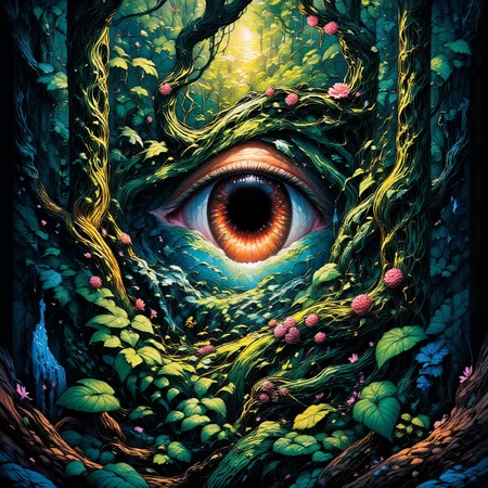 "Photorealistic album cover for 'Beauty's in the Eyes Reborn' showcasing an enormous,modelesque eye painted with extraordinary precision,staring straight into the soul of the viewer. The eye is surrounded by a dense,verdant forest,with leaves,vines,and wildflowers curling around the edges. The forest feels alive,magical,and lush,with light filtering through the trees,creating a sense of hope and wonder. The eye appears almost as if it's emerging from the wilderness,capturing a deep connection to natureâs beauty and mystery.",
<lora:ImageUpgraderV2:1>,<lora:Phlux:0.4>,<lora:aidmaPsychadelicWorld:0.4>,<lora:abstract_render_flux:0.4>,<lora:dreamlands_flux:0.4>,<lora:Dreamwave_FLUX:0.4>,dreamwave,<lora:Painted_World_Flux:0.8>,<lora:Scifi_Environment_Concept_Art_Flux:0.6>,