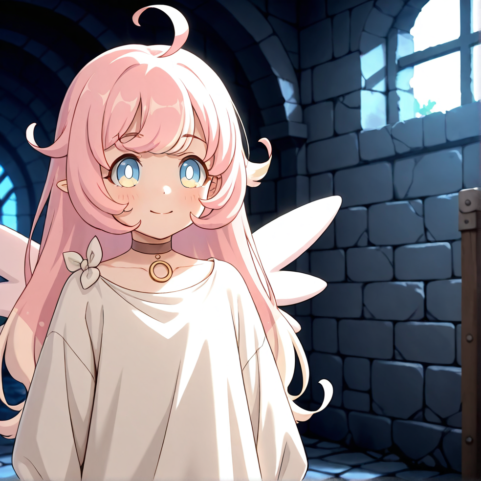 masterpiece, best quality, very aesthetic, absurdres, detailed, dungeon, ruins, break, raphy_(princess_connect), 1girl,long hair,pink hair,ahoge,multicolored hair,bangs,blue eyes,wings,white dress,choker