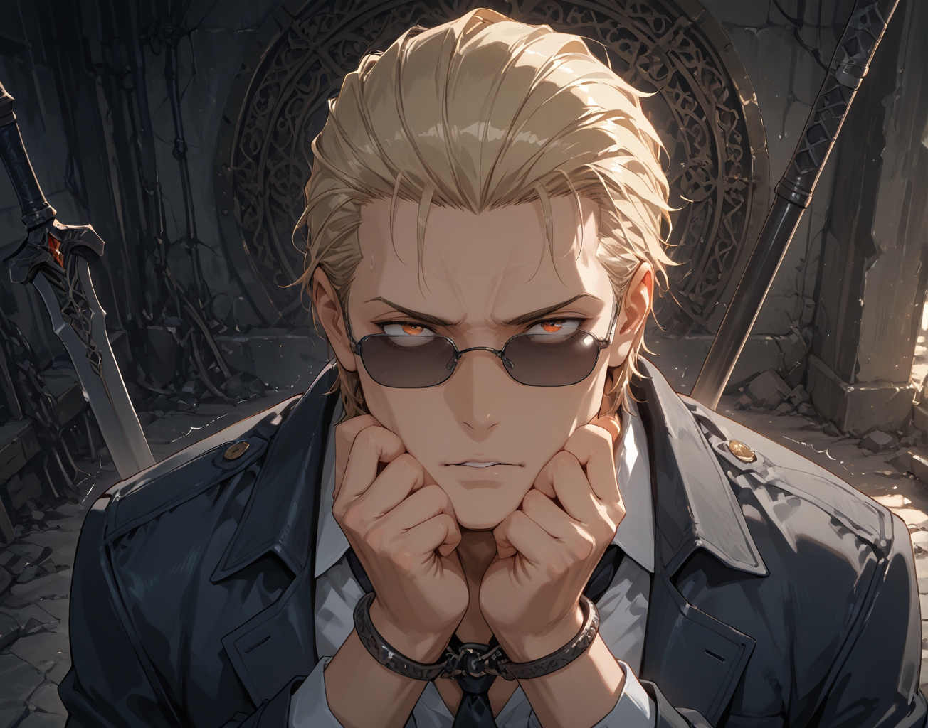 PonyScores7, source_anime, ah, 1IllustriousQual,
BREAK ((from above), (from side) view medium far from viewer)
BREAK <lora:albertwesker-guy-PONYv1:0.8> albertwesker, 1boy, toned, athletic, fit, mature male,  angular face, sharp_featured face, handsome, charming, alluring, <lora:shinyskin2:0.2> glistening skin, AS-MidAged, <lora:shinyskin2:0.2> glistening skin
BREAK slicked back hair, short hair, blonde, <lora:hairdetailpxl:0.2> hairdetailpxl, 
BREAK slit pupils, orange eyes, <lora:expressive eyes:0.2> expressive eyes, <lora:eyedetailpxl:0.2> eyedetailpxl, <lora:Eyes_High_Definition:0.2> EyesHD
BREAK (With his hands tied behind his back, Asher knelt in the center of the opulent drawing-room, his head bowed low, He awaited Lord Gideonâs arrival, his body trembling with a mixture of fear and anticipation, The silence was punctuated by the rhythmic ticking of the ornate clock on the mantelpiece)
BREAK (Deep blue and azure crystals that form a magnificent natural archway within the cave)
BREAK focused, intense glare, apathetic, contemptuous,  <lora:Expressive_H:0.2> Expressiveh, looking at viewer, <lora:Emotional_Anime_Expressions_PonyXL_Concept:0.2> emotional, <lora:Best_Facial_Expression_LoRA_PONY:0.2>, <lora:expresionesv3Rank128:0.2> expresiones, <lora:Detailed expressive EXEV style -XL Pony V1.0:0.2> FaceDetail
BREAK (ruthless chieftain, imposing with a stern look and a blood-stained spear), (sunglasses:1.3), 
BREAK <lora:xl_more_art-full_v1:0.2>, <lora:aesthetic_anime_v1s:0.2>, <lora:EpicF4nta5yXL:0.2>, <lora:detailxl:0.2> detailxl, <lora:Fant5yP0ny:0.2>, best quality, amazing quality, best aesthetic, absurdres, illustration, Volumetric_Lighting, ultra-detailed, very aesthetic, intricate details, 8k, masterpiece, best_quality
BREAK Stable_Yogis_PDXL_Positives, AS-Adult, <lora:Complicated fantasy portrait - XL Pony V2.0:0.2>, bad-hands-5, <lora:HDA_Detailer:0.3>