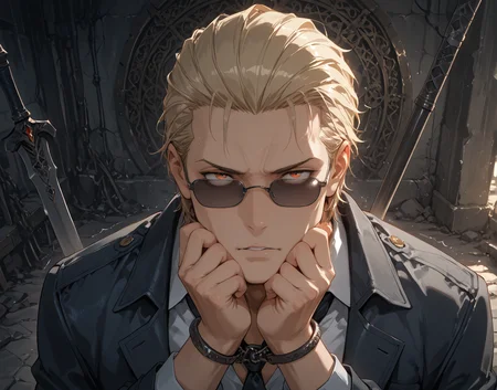 PonyScores7, source_anime, ah, 1IllustriousQual,
BREAK ((from above), (from side) view medium far from viewer)
BREAK <lora:albertwesker-guy-PONYv1:0.8> albertwesker, 1boy, toned, athletic, fit, mature male, angular face, sharp_featured face, handsome, charming, alluring, <lora:shinyskin2:0.2> glistening skin, AS-MidAged, <lora:shinyskin2:0.2> glistening skin
BREAK slicked back hair, short hair, blonde, <lora:hairdetailpxl:0.2> hairdetailpxl,
BREAK slit pupils, orange eyes, <lora:expressive eyes:0.2> expressive eyes, <lora:eyedetailpxl:0.2> eyedetailpxl, <lora:Eyes_High_Definition:0.2> EyesHD
BREAK (With his hands tied behind his back, Asher knelt in the center of the opulent drawing-room, his head bowed low, He awaited Lord Gideonâs arrival, his body trembling with a mixture of fear and anticipation, The silence was punctuated by the rhythmic ticking of the ornate clock on the mantelpiece)
BREAK (Deep blue and azure crystals that form a magnificent natural archway within the cave)
BREAK focused, intense glare, apathetic, contemptuous, <lora:Expressive_H:0.2> Expressiveh, looking at viewer, <lora:Emotional_Anime_Expressions_PonyXL_Concept:0.2> emotional, <lora:Best_Facial_Expression_LoRA_PONY:0.2>, <lora:expresionesv3Rank128:0.2> expresiones, <lora:Detailed expressive EXEV style -XL Pony V1.0:0.2> FaceDetail
BREAK (ruthless chieftain, imposing with a stern look and a blood-stained spear), (sunglasses:1.3),
BREAK <lora:xl_more_art-full_v1:0.2>, <lora:aesthetic_anime_v1s:0.2>, <lora:EpicF4nta5yXL:0.2>, <lora:detailxl:0.2> detailxl, <lora:Fant5yP0ny:0.2>, best quality, amazing quality, best aesthetic, absurdres, illustration, Volumetric_Lighting, ultra-detailed, very aesthetic, intricate details, 8k, masterpiece, best_quality
BREAK Stable_Yogis_PDXL_Positives, AS-Adult, <lora:Complicated fantasy portrait - XL Pony V2.0:0.2>, bad-hands-5, <lora:HDA_Detailer:0.3>