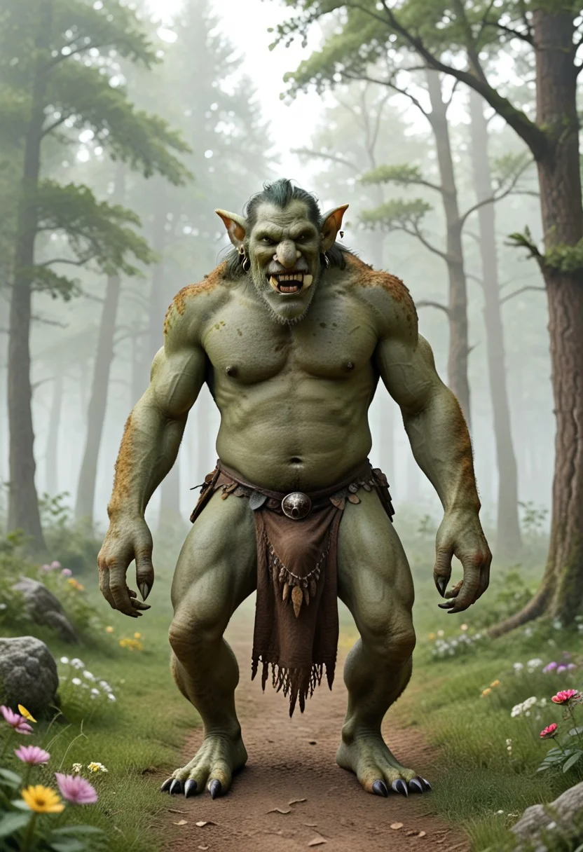 1 Dnd_Troll, the image is a digital drawing featuring 1 fantastical humanoid creatures standing , detailed outdoor background, trees, flowers, birds, sunset, troll, toothy grin, huge, long arms, green skin that transitions from white at the top to light gray at the bottom. its fur is a mix of dark green and gray appearing rough and unkempt. it has a wild untamed look with sharp jagged teeth visible in its open mouth and its eyes are a piercing yellow. its fur extends down its arms and legs which end in clawed hands and feet. it wears a tattered dirty loincloth made of a dark coarse material cinched at the waist. dnd_troll claws loincloth monster no humans standing horns teeth male focus green skin simple background sharp teeth 1boy colored skin full body tusks muscular