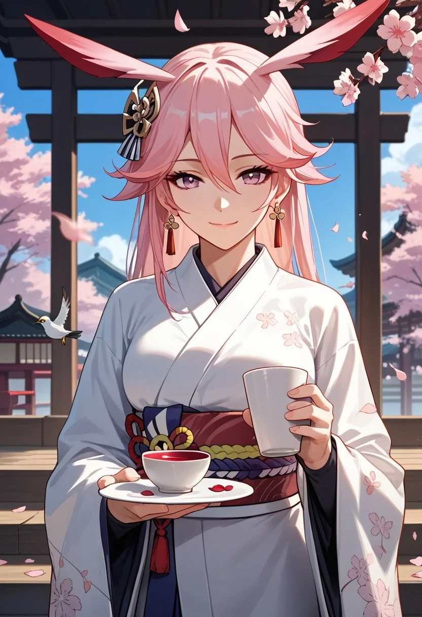 score_9,score_8_up,score_7_up,source_anime,YAE_SAKURA,1girl,solo,smile,long sleeves,hair ornament,holding,closed mouth,jewelry,earrings,japanese clothes,kimono,cup,petals,bird,holding cup,cherry blossoms,white kimono,holding plate,bride,uchikake,