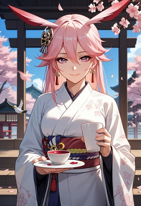 score_9,score_8_up,score_7_up,source_anime,YAE_SAKURA,1girl,solo,smile,long sleeves,hair ornament,holding,closed mouth,jewelry,earrings,japanese clothes,kimono,cup,petals,bird,holding cup,cherry blossoms,white kimono,holding plate,bride,uchikake,
