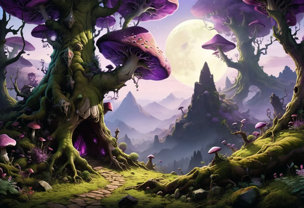 acrilic paint, digital, artstation, detailed intricate ink illustration, digital art, overdetailed art, concept art, complementing colors, trending on artstation, cgstudio, the most beautiful image ever created, dramatic, subtle, details, award winning artwork, beautiful scenery <lora:add-detail-xl:1>, <lora:xl_more_art-full_v1:0.75>, absurd res,
giant mushrooms,
a dramatic landscape, towering, ancient giant trees with sprawling roots create a dense mystical forest, (the bark forms the face of an old wise man), (growing on the trees, large, radiant crystals in shades of purple, green, and blue emerge from the rich, dark soil, casting an ethereal glow:1.5). vibrant green moss, smaller, colorful plants. In the background, rugged mountains rise majestically. A hidden cavern entrance at the base of the mountains reveals a glimpse of a (subterranean world:1.5) filled with shimmering crystal formations, adding depth and mystery to the scene.
dramatic lighting with beams of sunlight filtering through the tree canopy, highlighting the (crystals:1.5) and creating a magical atmosphere.
Deep, earthy color tones for the soil and trees, contrasted with the vivid colors of the crystals and lush greens of the moss and foliage.
Emphasize the textures of the rough bark, smooth crystal surfaces, and soft moss to create a tactile and immersive experience.