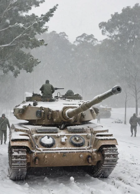 <lora:Centurion_Tank_SDXL:0.8> close-up of a cntrntnk tank in heavy snowfall,
