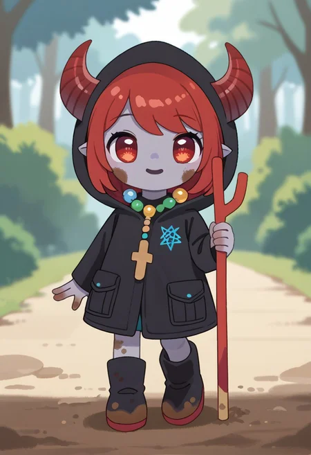 score_9, score_8_up, score_7_up, BREAK
highres, highly detailed, high resolution, high quality, 
source_anime, anime screencap, saturation, vivid colors, 
1girl, solo, luce, full body, standing, demon girl,
(dark red hair:1.2), (big dark red eyes:1.1), medium hair, cute, (grey skin:1.1), (horns:1.2), 
(long black raincoat:1.1), dirty black rubber boots, 
pentagram on the neck, holding red trident, 
pikaole, cute, bokeh,
blurry background, forest background, path