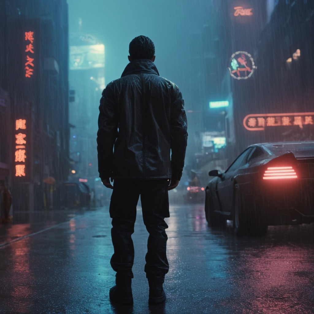 cinematic film still of  <lora:Cyberpunk Style:1>
a man standing in the rain in a city,bionic,transhuman,Dystopia,Dystopian,kakotopia,Science fiction,high tech,low life,societal collapse,Artificial,Posthuman,future,futuristic,Artificial intelligence,Cyborg,genetically-enhanced humans,sci-fi,Cyberpunk Style,1boy,outdoors,sky,night,ground vehicle,building,scenery,motor vehicle,science fiction,rain,city,sign,car,road,cityscape,street,city lights,cyberpunk,neon lights , Cyberpunk Style, shallow depth of field, vignette, highly detailed, high budget, bokeh, cinemascope, moody, epic, gorgeous, film grain, grainy