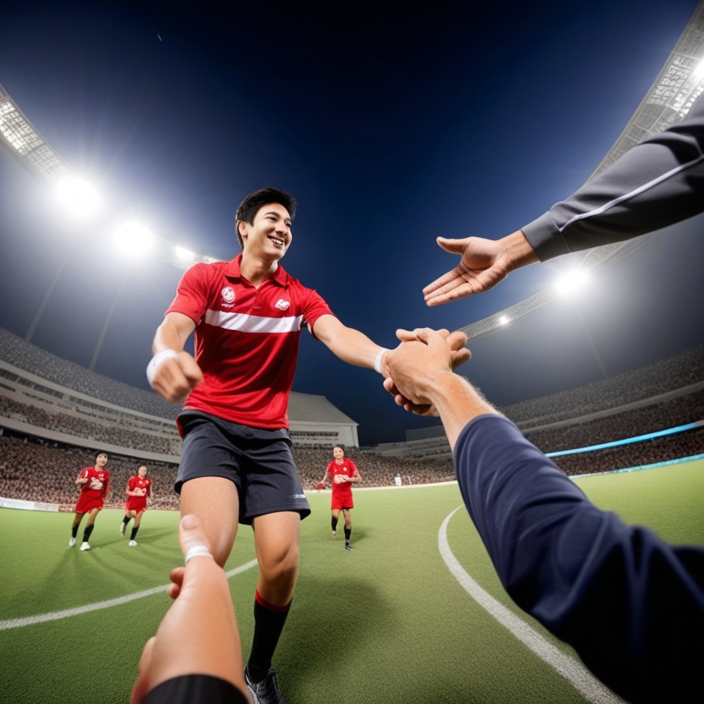 (left hand, handshake), outdoor sports event, athletic wear, post-game camaraderie, mutual respect, slight fisheye lens, dynamic angle, motion blur effect, energetic pose, high-contrast lighting