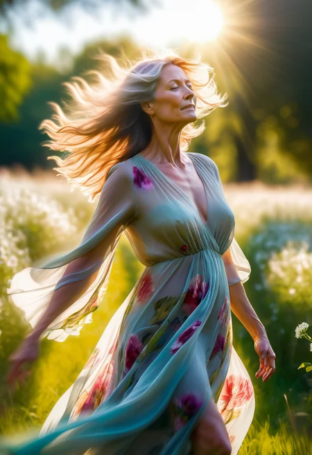 (half length, medium closeup:1.3), b4ckl1t, shapely mature woman standing in a field of flowers with her hair blowing in the wind and sun shining through the leaves,  flowing semitransparent dress, (nipple silhouette:0.5), flowing fabric, beautifully backlit, an impressionist painting, art photography, bokeh, slow shutter, anamorphic lens distortion, slim waist, low sun directly behind subject<lora:Backlit_Clothes_XL:0>