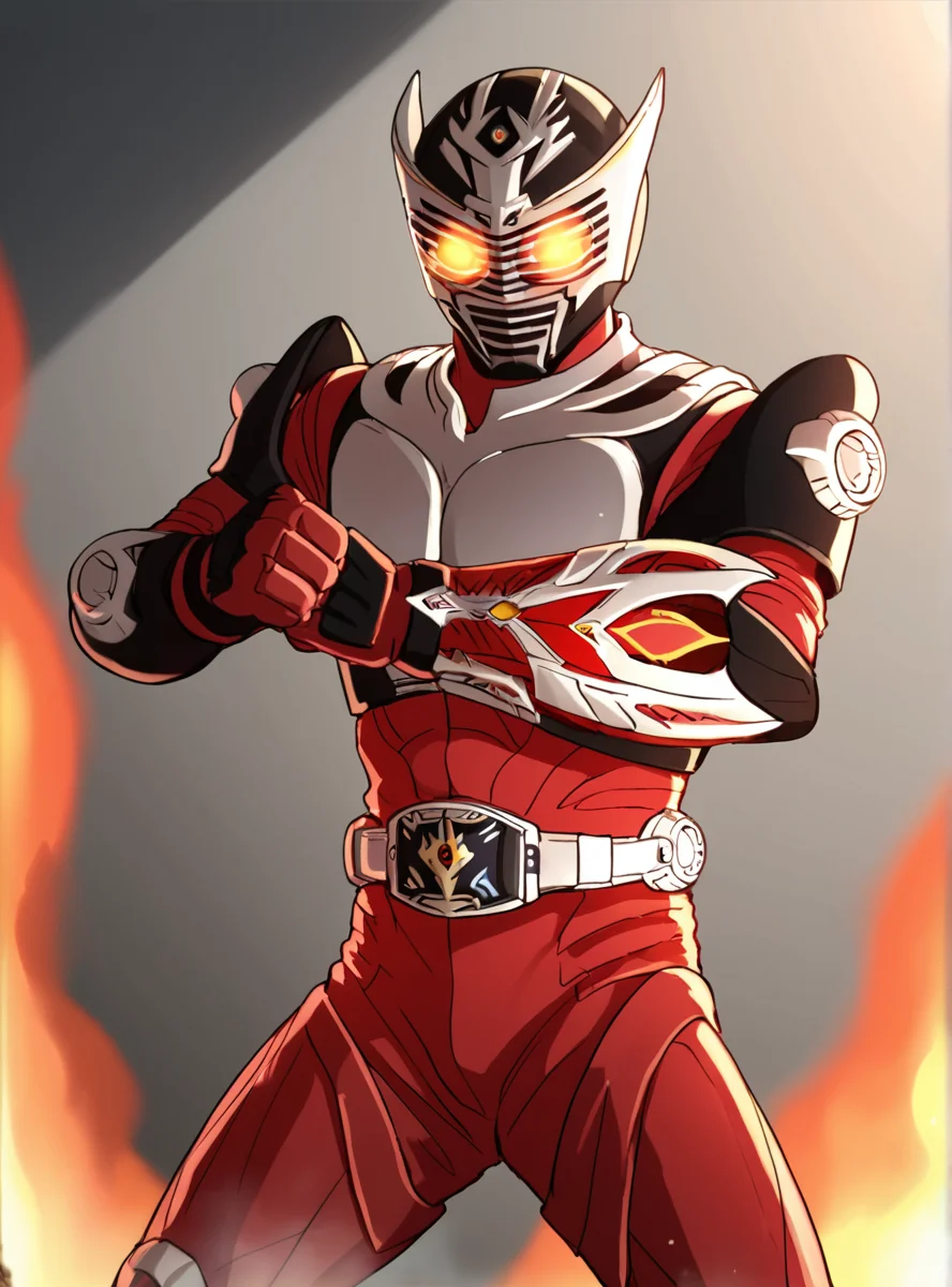 score_9, score_8_up, score_7_up, score_6_up, score_5_up, score_4_up source_anime, anime screencap, , <lora:RyukiSuit:0.8>ryukisuit, solo, armor, belt, helmet, mask, gloves, rider belt, bodysuit, riderbelt , solo,, 1boy glowing eyes, fighting stance, fire burning,