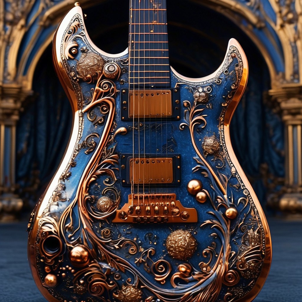 RAW photo of a very detailed guitar with whimsical elements, magical fairytale landscape, fantasy style art, black and gold colors, dusty blue theme, intricate details, ultra sharp, exquisite detail, flawless composition, vivid colors, masterpiece, exciting background,  timeless elegant and Exquisite Copper Ornaments