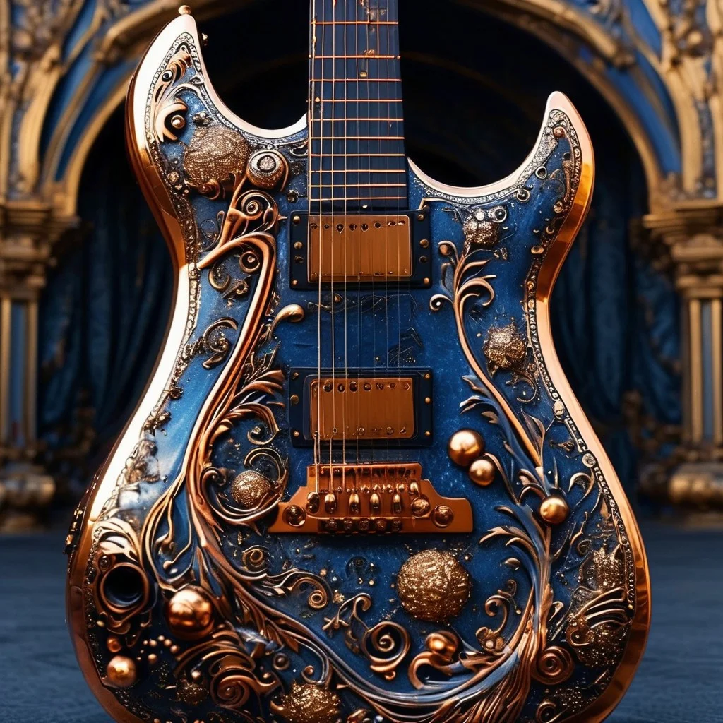 RAW photo of a very detailed guitar with whimsical elements, magical fairytale landscape, fantasy style art, black and gold colors, dusty blue theme, intricate details, ultra sharp, exquisite detail, flawless composition, vivid colors, masterpiece, exciting background, timeless elegant and Exquisite Copper Ornaments