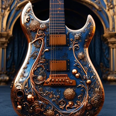 RAW photo of a very detailed guitar with whimsical elements, magical fairytale landscape, fantasy style art, black and gold colors, dusty blue theme, intricate details, ultra sharp, exquisite detail, flawless composition, vivid colors, masterpiece, exciting background,  timeless elegant and Exquisite Copper Ornaments