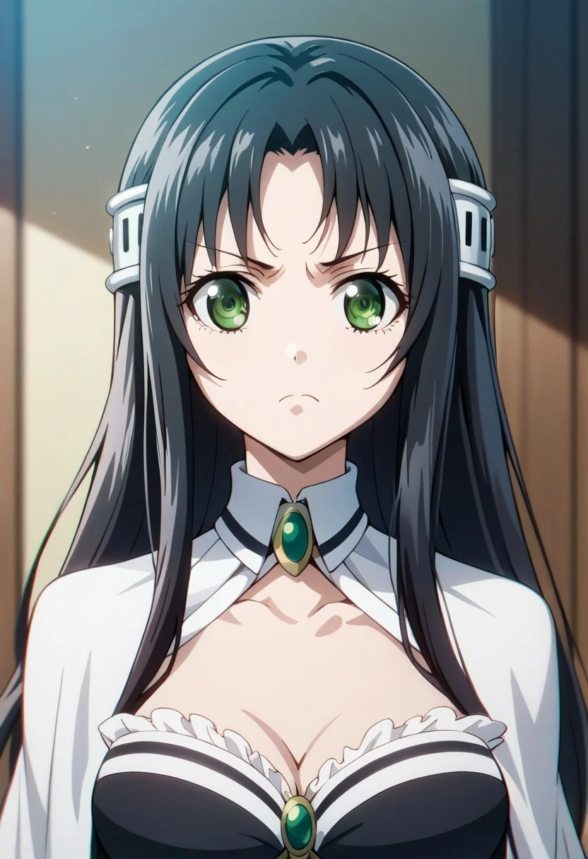 score_9,score_8_up,score_7_up,source_anime,Marguerite Farom,1girl,solo,breasts,looking at viewer,hair ornament,closed mouth,cleavage,medium breasts,collarbone,upper body,frills,frown,