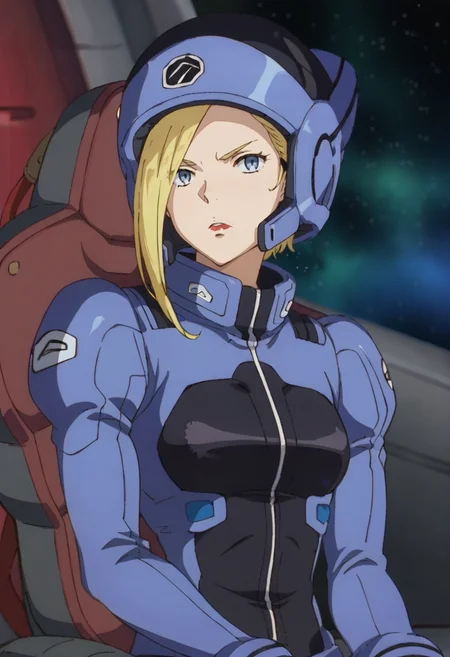 score_9,score_8_up,score_7_up,anime coloring BREAK source_anime,anime,<lora:Mick_Jack_Pony:0.8>,mickjack,1girl,solo,blue eyes,blonde hair,hairband,lipstick,pilot suit,(helmet:1.4),serious,sitting,space,cockpit,