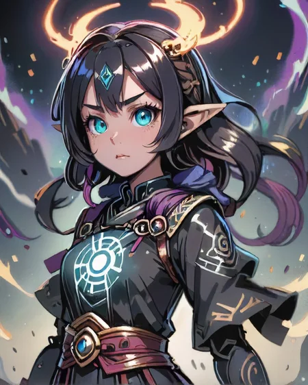 anime style, 1girl, Confident, solo, (style-swirlmagic:0.7), portrait, solo, from front, front view, half shot, looking at viewer, detailed background, detailed face, (<lora:CulturePunkAI_2:0.6>, SlavPunkAI, theme:1.1), (glowing eyes:1.05), large wide eyes, shadowmancer, possessed, dark summoner clothes, conjuring, dynamic pose, glowing runes, floating particles, dark swirling summoning energy, calling forth eldritch souls, eerie gateway background, whirlwind, omen, ethereal atmosphere,