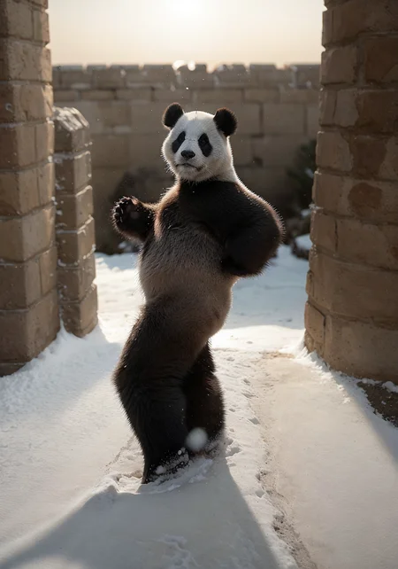 leica_style, panda_tm, panda <lora:panda_tm:0.7>, No impurities, snowing, in winter, realistic, Depth of Field, ((Background of the Great Wall of China)), best quality, ultra sharp focus, volumetric atmosphere, sunset, borderlands, natural lighting, subsurface scattering, 80mm, <lora:leicaLensStyle_v10:0.5>,
