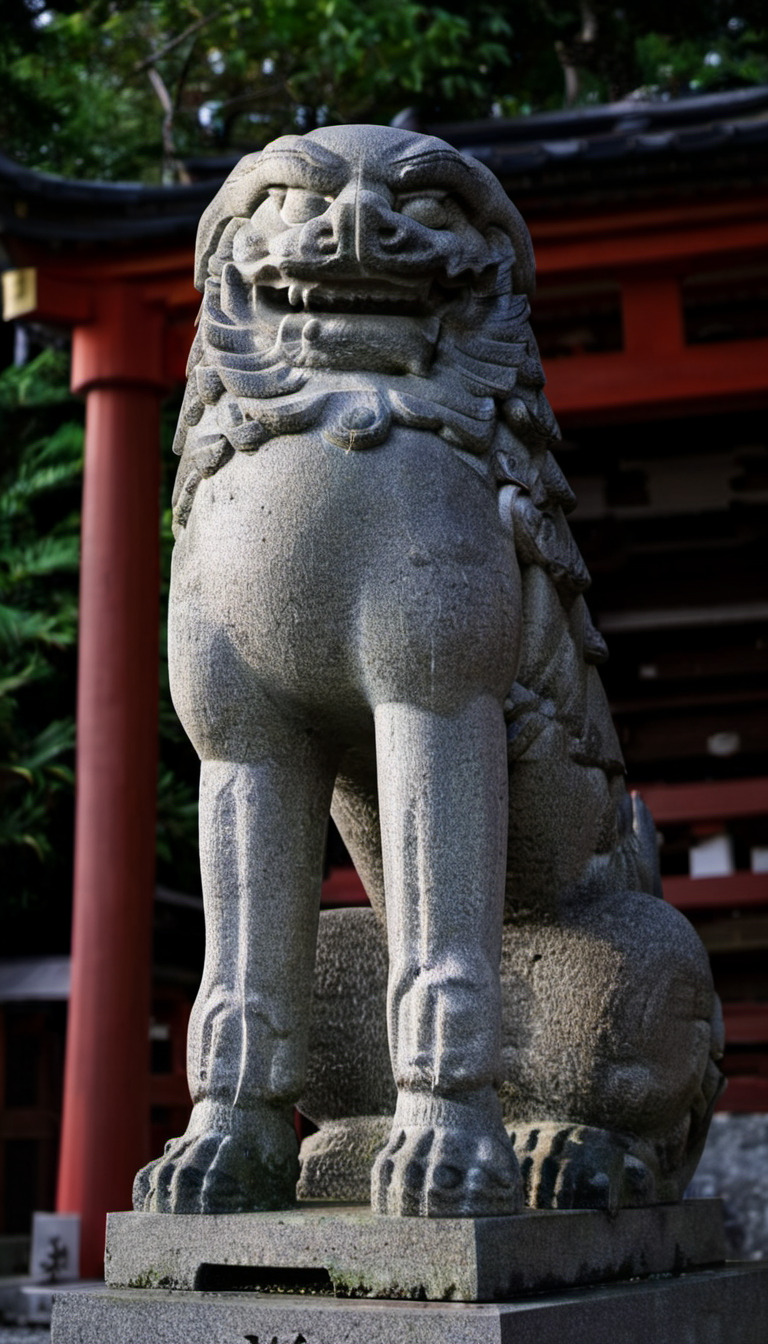 Stone statue of a dog,japanese shinto Shrine,<lora:Komainu:1>