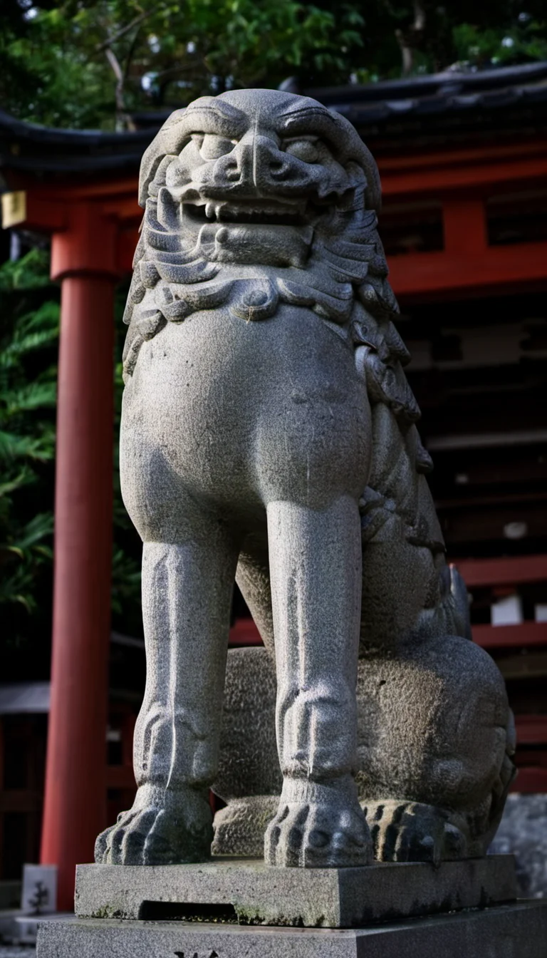 Stone statue of a dog,japanese shinto Shrine,<lora:Komainu:1>