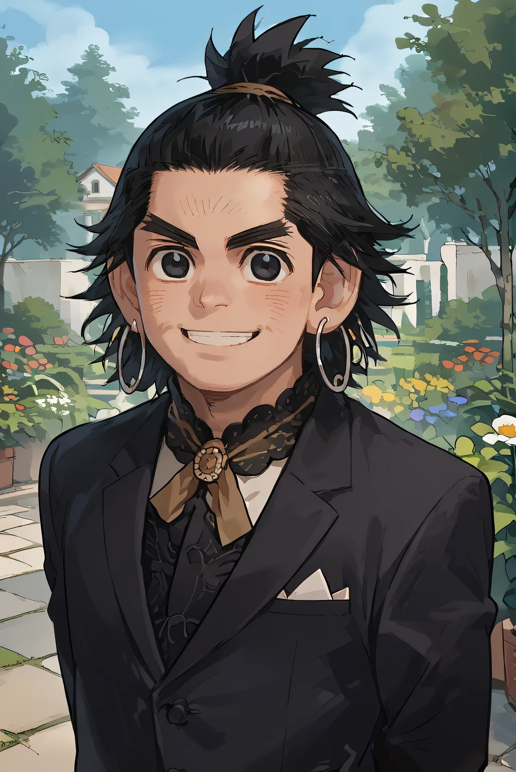 score_9, score_8_up, source_anime,
1boy, solo, chikapashi, black hair, black eyes, topknot, hoop earrings,
butler, tuxido, smile, black suit, garden, arms behind back,
<lora:Smooth Style 2 SDXL_LoRA_Pony Diffusion V6 XL:0.8> <lora:chikapashi:1>