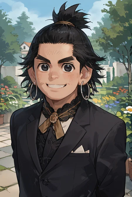 score_9, score_8_up, source_anime,
1boy, solo, chikapashi, black hair, black eyes, topknot, hoop earrings,
butler, tuxido, smile, black suit, garden, arms behind back,
<lora:Smooth Style 2 SDXL_LoRA_Pony Diffusion V6 XL:0.8> <lora:chikapashi:1>