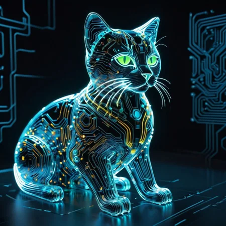 holotech cat, made of glass, colorful, ultra detailed, circuits, glowing